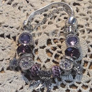 Silver, Rhinestone and Purple Charm Bracelet